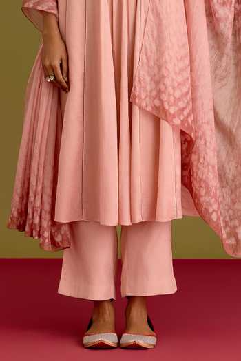 Shop_Devnaagri_Blush Silk, Cotton, Satin, Shantoon Keyhole Neck Contrast Yoke Kurta Set _Online_at_Aza_Fashions