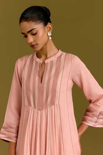 Devnaagri_Blush Silk, Cotton, Satin, Shantoon Keyhole Neck Contrast Yoke Kurta Set _at_Aza_Fashions