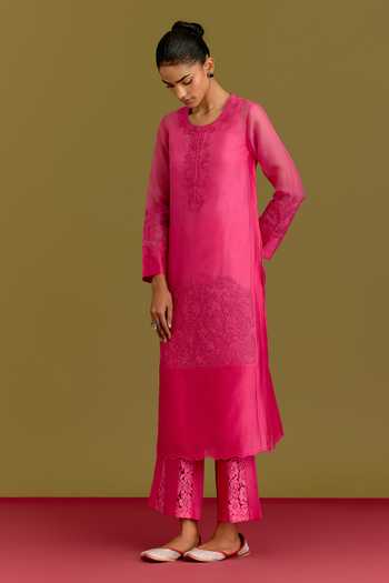 Devnaagri_Fuchsia Silk, Organza, Chanderi Round Neck Tonal Embroidered Straight Kurta Set _Online_at_Aza_Fashions