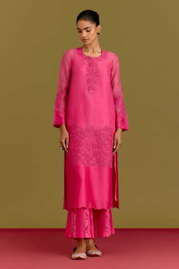 Shop_Devnaagri_Fuchsia Silk, Organza, Chanderi Round Neck Tonal Embroidered Straight Kurta Set _Online_at_Aza_Fashions