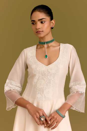 Devnaagri_Ivory Silk, Chanderi, Organza V-neck Tonal Embroidered Anarkali Set _Online