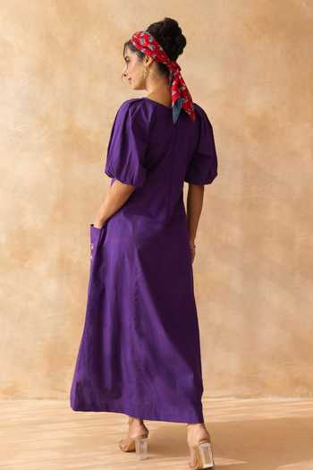 Shop_Moontara_Purple Cotton Keyhole Neck Peora Placed Embroidered Dress _at_Aza_Fashions