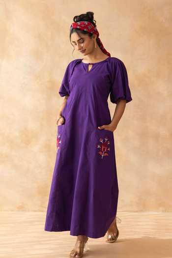 Moontara_Purple Cotton Keyhole Neck Peora Placed Embroidered Dress _Online_at_Aza_Fashions