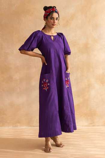 Buy_Moontara_Purple Cotton Keyhole Neck Peora Placed Embroidered Dress _Online_at_Aza_Fashions
