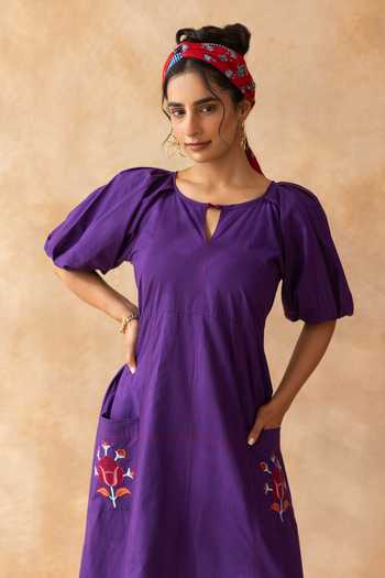 Shop_Moontara_Purple Cotton Keyhole Neck Peora Placed Embroidered Dress _Online_at_Aza_Fashions