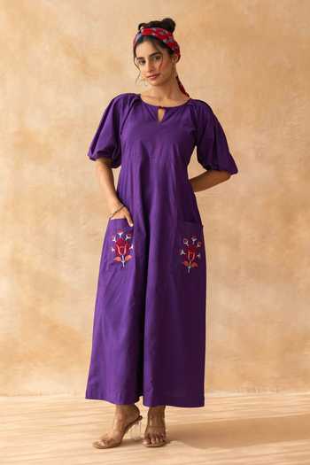 Moontara_Purple Cotton Keyhole Neck Peora Placed Embroidered Dress _at_Aza_Fashions