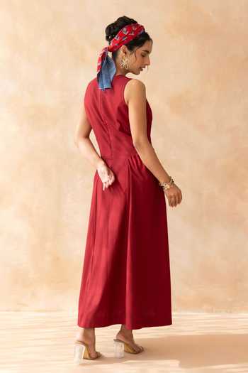 Shop_Moontara_Maroon Cotton Square Neck Ruby Bodice Embroidered Dress _at_Aza_Fashions