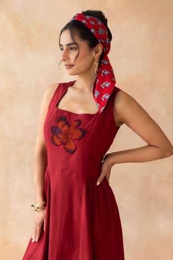 Buy_Moontara_Maroon Cotton Square Neck Ruby Bodice Embroidered Dress _Online_at_Aza_Fashions