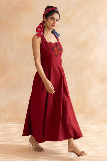 Shop_Moontara_Maroon Cotton Square Neck Ruby Bodice Embroidered Dress _Online_at_Aza_Fashions