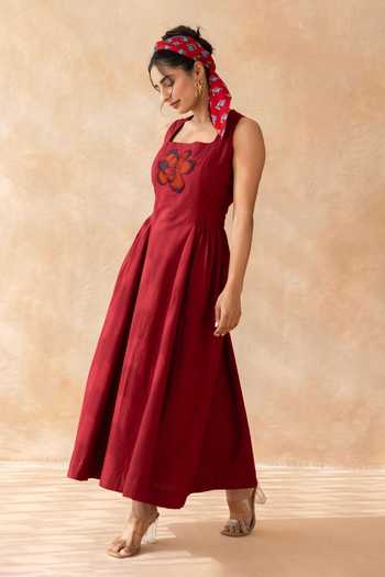 Moontara_Maroon Cotton Square Neck Ruby Bodice Embroidered Dress _at_Aza_Fashions