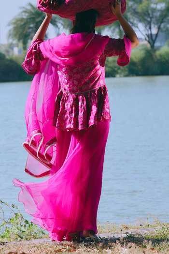 Shop_Mirasa_Pink Silk, Organza, Chanderi Isharya Pure Kurta Set _at_Aza_Fashions