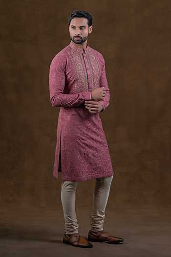 Shop_Punit Arora_Pink Silk Tonal Embroidered Kurta Set _at_Aza_Fashions