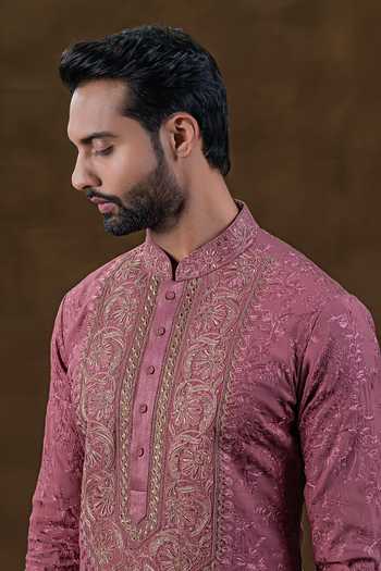 Punit Arora_Pink Silk Tonal Embroidered Kurta Set _Online_at_Aza_Fashions