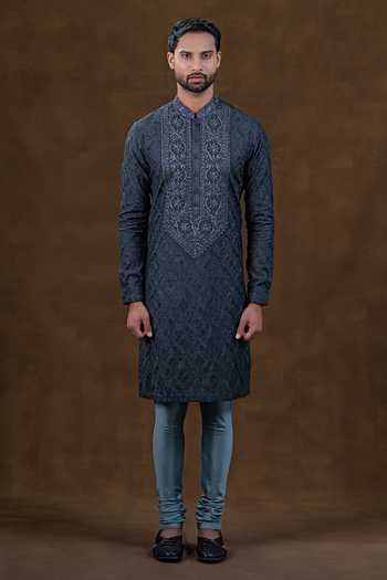 Punit Arora_Grey Silk Straight Embroidered Kurta Set _Online