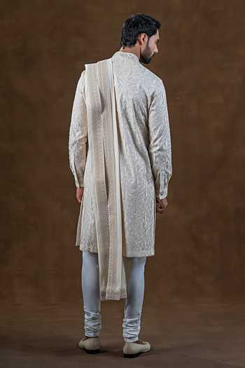 Shop_Punit Arora_Ivory Silk Embroidered Kurta And Churidar Set _at_Aza_Fashions
