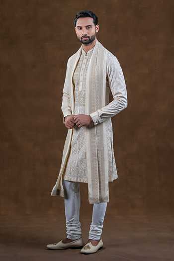Buy_Punit Arora_Ivory Silk Embroidered Kurta And Churidar Set _Online_at_Aza_Fashions