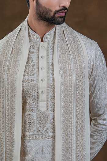 Punit Arora_Ivory Silk Embroidered Kurta And Churidar Set _at_Aza_Fashions