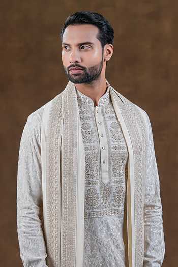Buy_Punit Arora_Ivory Silk Embroidered Kurta And Churidar Set 