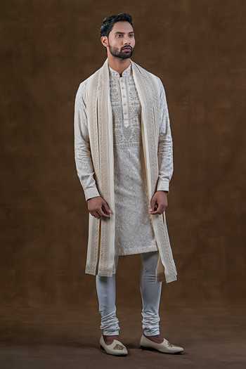 Shop_Punit Arora_Ivory Silk Embroidered Kurta And Churidar Set 