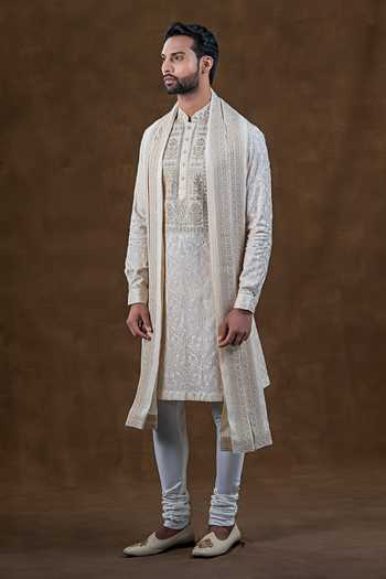 Punit Arora_Ivory Silk Embroidered Kurta And Churidar Set _Online