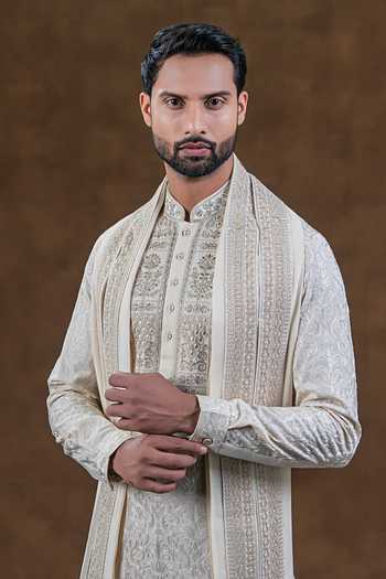 Buy_Punit Arora_Ivory Silk Embroidered Kurta And Churidar Set _Online
