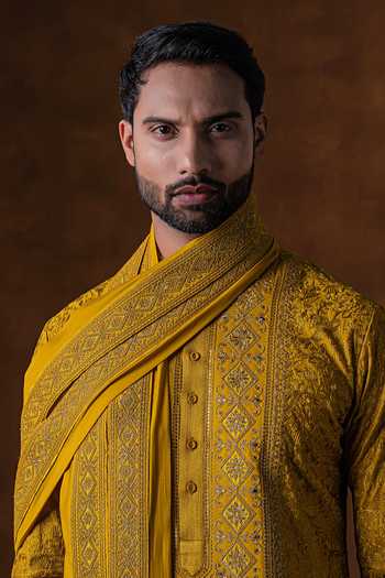 Punit Arora_Mustard Silk Tonal Embroidered Kurta Set _Online