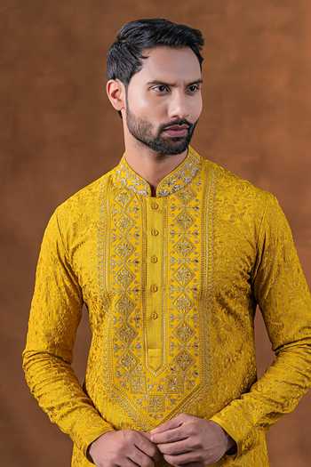 Buy_Punit Arora_Mustard Silk Tonal Embroidered Kurta Set _Online