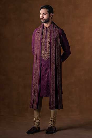 Buy_Punit Arora_Wine Silk Embroidered Placket Kurta Set _at_Aza_Fashions