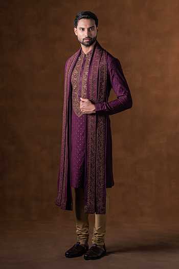 Buy_Punit Arora_Wine Silk Embroidered Placket Kurta Set _Online_at_Aza_Fashions