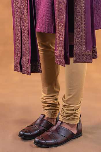 Punit Arora_Wine Silk Embroidered Placket Kurta Set _at_Aza_Fashions