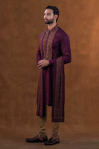 Buy_Punit Arora_Wine Silk Embroidered Placket Kurta Set 