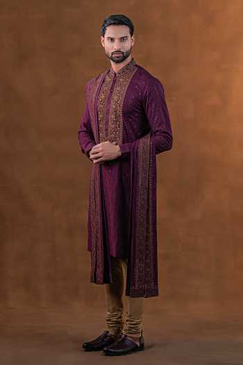Punit Arora_Wine Silk Embroidered Placket Kurta Set _Online