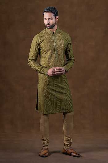 Buy_Punit Arora_Olive Green Silk Tonal Embroidered Kurta Set _Online_at_Aza_Fashions