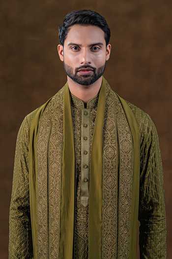 Punit Arora_Olive Green Silk Tonal Embroidered Kurta Set _at_Aza_Fashions