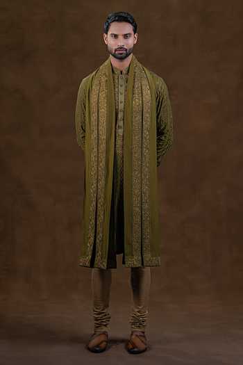Buy_Punit Arora_Olive Green Silk Tonal Embroidered Kurta Set 