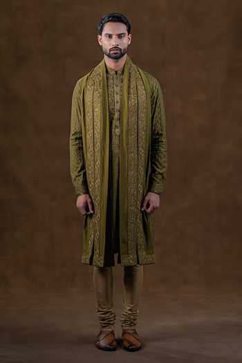 Buy_Punit Arora_Olive Green Silk Tonal Embroidered Kurta Set _at_Aza_Fashions