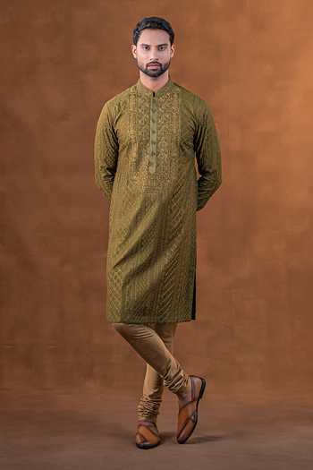 Shop_Punit Arora_Olive Green Silk Tonal Embroidered Kurta Set _at_Aza_Fashions