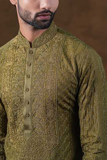 Punit Arora_Olive Green Silk Tonal Embroidered Kurta Set _Online