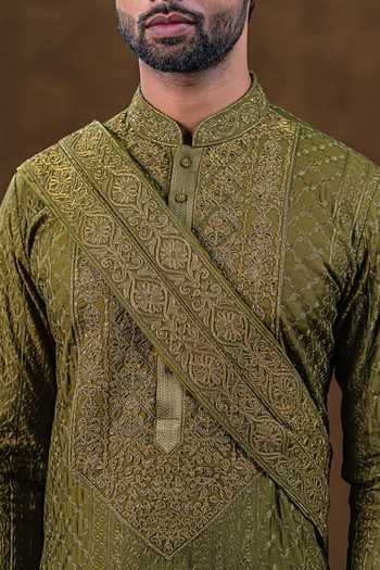 Buy_Punit Arora_Olive Green Silk Tonal Embroidered Kurta Set _Online