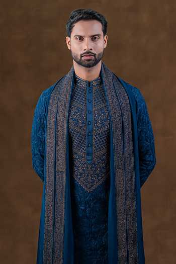 Punit Arora_Blue Silk Tonal Embroidered Kurta Set _Online
