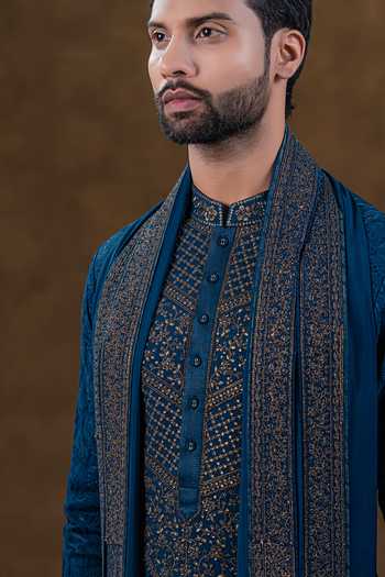 Shop_Punit Arora_Blue Silk Tonal Embroidered Kurta Set _Online