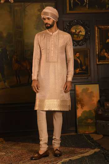 Buy_Punit Arora_Beige Silk Embroidered Sherwani Set _Online_at_Aza_Fashions