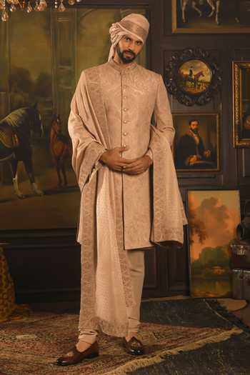 Shop_Punit Arora_Beige Silk Embroidered Sherwani Set _Online_at_Aza_Fashions