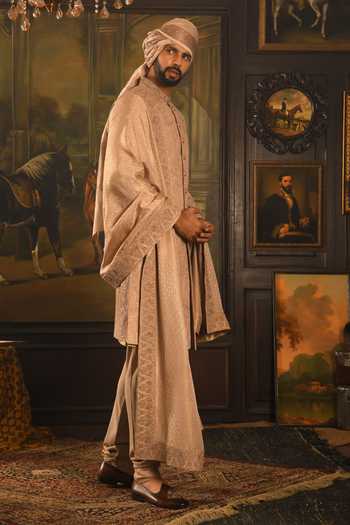 Punit Arora_Beige Silk Embroidered Sherwani Set _Online_at_Aza_Fashions