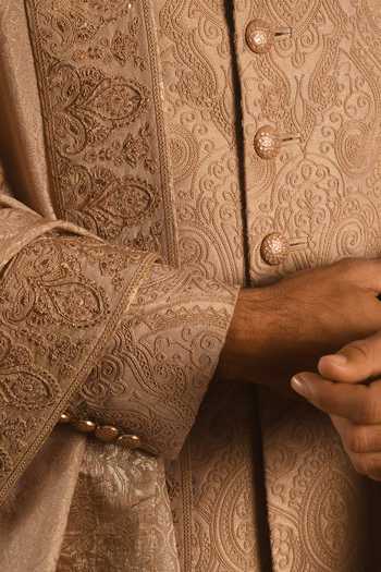 Punit Arora_Beige Silk Embroidered Sherwani Set _at_Aza_Fashions
