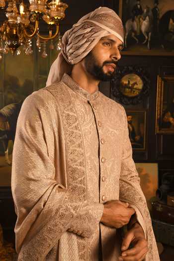 Shop_Punit Arora_Beige Silk Embroidered Sherwani Set 