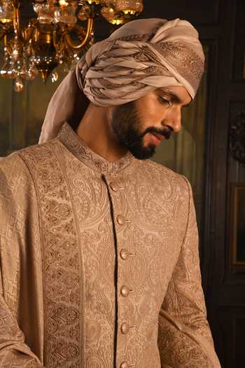 Punit Arora_Beige Silk Embroidered Sherwani Set _Online