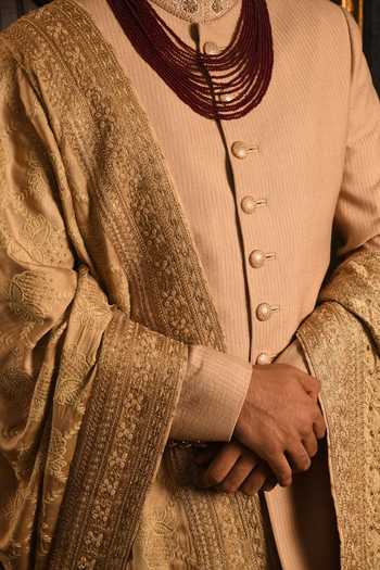 Punit Arora_Gold Silk Embroidered Sherwani Set 