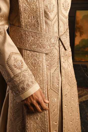 Punit Arora_Rose Gold Silk Geometric Embroidered Sherwani Set _Online