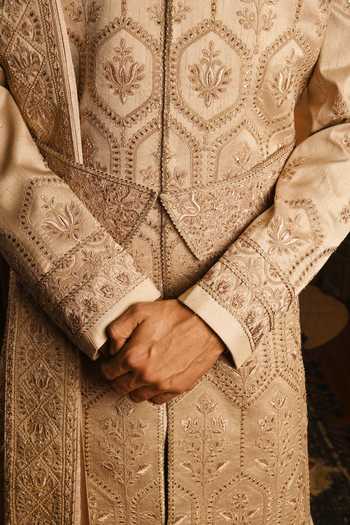 Shop_Punit Arora_Rose Gold Silk Geometric Embroidered Sherwani Set _Online